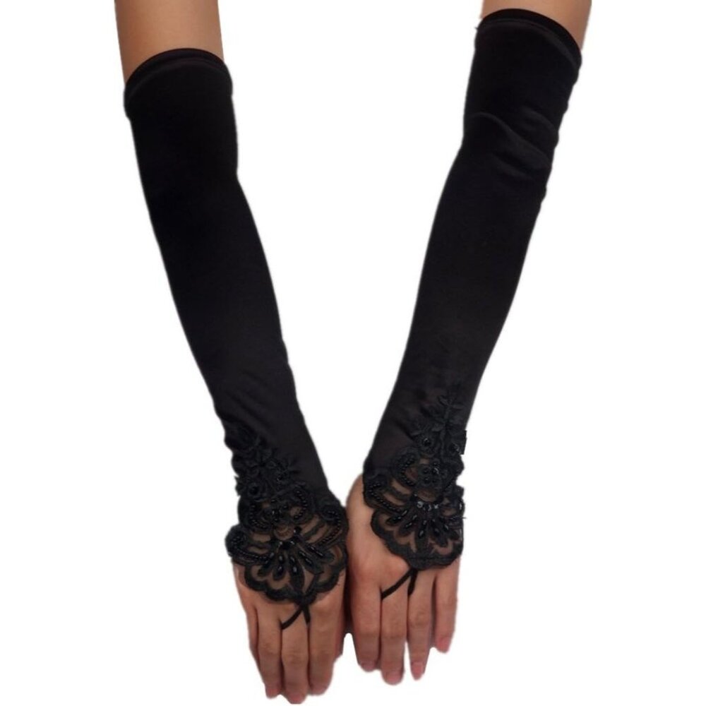 Women's Black Satin Evening Embroidered Lace Fingerless Gloves Wedding Party Tea